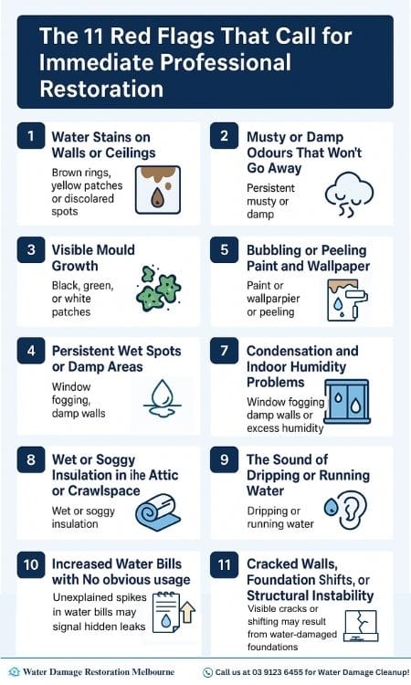 Infographic showing 11 warning signs of water damage that require professional restoration, including stains, mold, warped floors, high humidity, rising water bills, and foundation cracks.