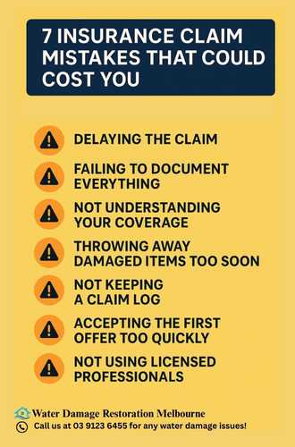 Infographic titled '7 Insurance Claim Mistakes That Could Cost You' with warning icons and a list including: Delaying the claim, Failing to document everything, Not understanding your coverage, Throwing away damaged items too soon, Not keeping a claim log, Accepting the first offer too quickly, and Not using licensed professionals. Set on a yellow background with bold black text and caution symbols.