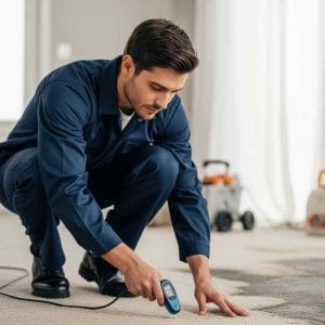 Technician in blue uniform using a moisture meter to inspect a carpet for water damage in a modern living room, with carpet drying equipment visible in the background.