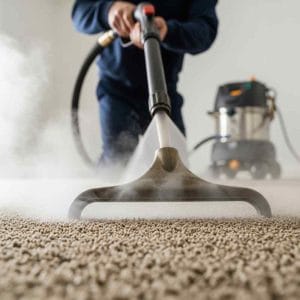 Close-up of professional steam cleaning a beige carpet using a hot water extraction machine, with visible steam and cleaning equipment in the background.