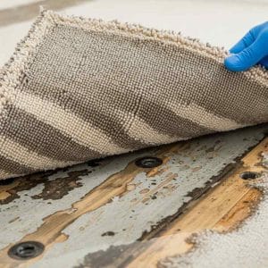 Close-up of a gloved hand lifting a damp carpet to reveal water-damaged and mould-stained wooden subfloor underneath.