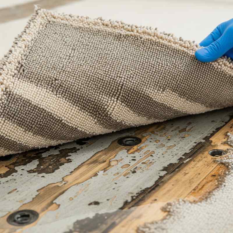 Close-up of a gloved hand lifting a damp carpet to reveal water-damaged and mould-stained wooden subfloor underneath.