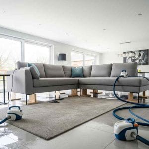 Modern living room with a grey sectional sofa raised on wooden blocks, partially flooded tile floor, and carpet drying equipment positioned around the wet area.