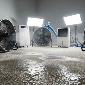 Flooded carpeted room with industrial air movers, dehumidifiers, and drying lights set up to remove excess moisture from a large water-soaked area.