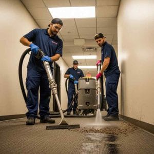 Three professional carpet cleaners in uniform using industrial steam and vacuum equipment to deep clean a heavily soiled carpet in a commercial hallway.