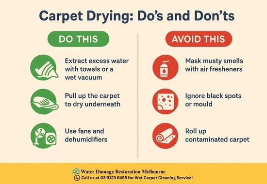 Infographic titled 'Carpet Drying: Do’s and Don’ts' with two columns. The 'Do This' column includes tips like extracting water with a wet vacuum, pulling up carpet to dry underneath, and using fans and dehumidifiers. The 'Avoid This' column warns against masking musty smells with air fresheners, ignoring black spots or mould, and rolling up contaminated carpet. Each point is accompanied by relevant icons on a beige background.