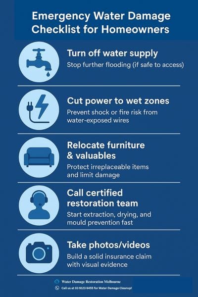 "Infographic titled 'Emergency Water Damage Checklist for Homeowners' showing five key steps: turning off water supply, cutting power to wet zones, relocating furniture and valuables, calling a certified restoration team, and taking photos or videos for insurance claims.