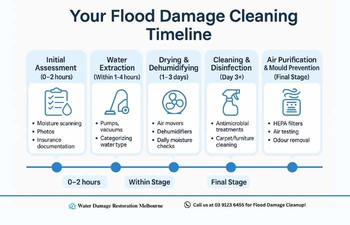 Infographic titled 'Your Flood Damage Cleaning Timeline' showing five stages: Initial Assessment, Water Extraction, Drying & Dehumidifying, Cleaning & Disinfection, and Air Purification & Mould Prevention, with corresponding timeframes and key tasks for each stage.