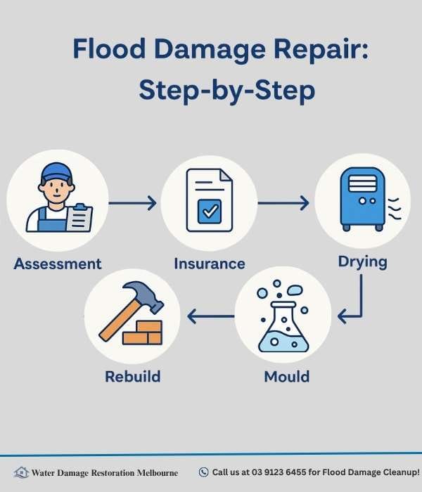 Infographic showing the five steps of flood damage repair: Assessment, Insurance, Drying, Mould Treatment, and Rebuild, represented with icons on a light grey background.
