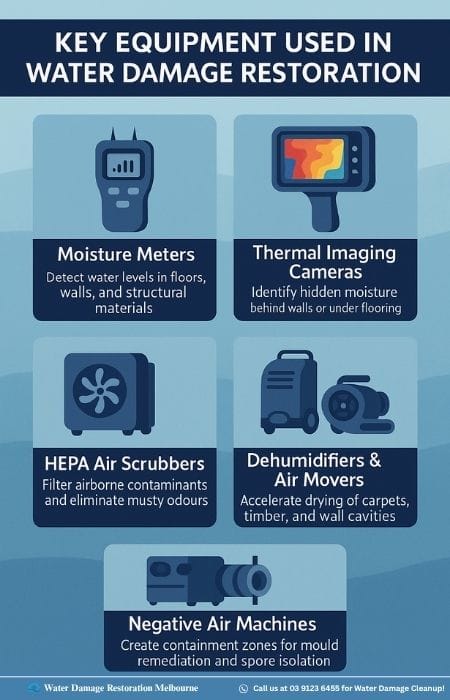 Infographic titled 'Key Equipment Used in Water Damage Restoration' featuring icons and descriptions for moisture meters, thermal imaging cameras, HEPA air scrubbers, dehumidifiers & air movers, and negative air machines.