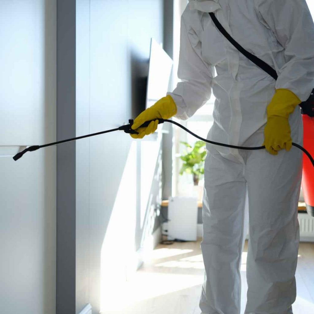 Professional in protective gear spraying chemical solution on interior surfaces as part of mould remediation or flood-related sanitation process.