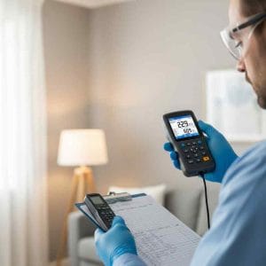 Close-up of a mould remediation specialist wearing gloves, using a digital humidity and moisture meter while documenting indoor air quality levels in a residential living room.