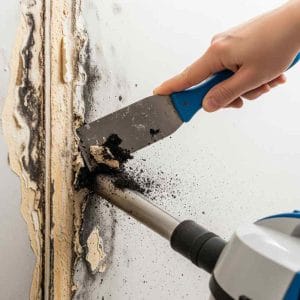 Close-up of a hand scraping black mould from a damaged wall using a putty knife, with a vacuum nozzle capturing spores during mould remediation work.
