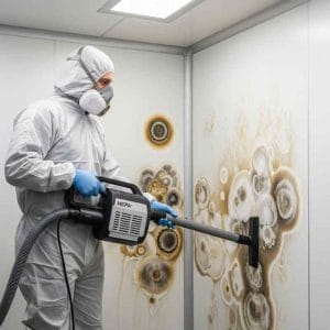 Mould remediation specialist in full protective suit using a HEPA vacuum to remove extensive, multicoloured mould colonies from a contaminated interior wall.