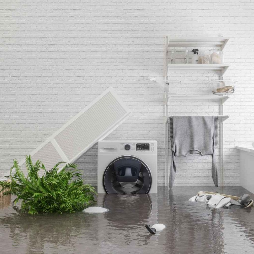 Laundry room flooded with water, showing a washing machine, overturned furniture, soaked clothes, and indoor plants partially submerged due to water damage.