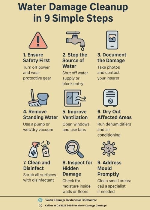 Infographic titled 'Water Damage Cleanup in 9 Simple Steps' with numbered icons and brief descriptions for each step: 1. Ensure Safety First, 2. Stop the Source of Water, 3. Document the Damage, 4. Remove Standing Water, 5. Improve Ventilation, 6. Dry Out Affected Areas, 7. Clean and Disinfect, 8. Inspect for Hidden Damage, and 9. Address Mould Promptly. The design features clear icons and a light grey background for readability.