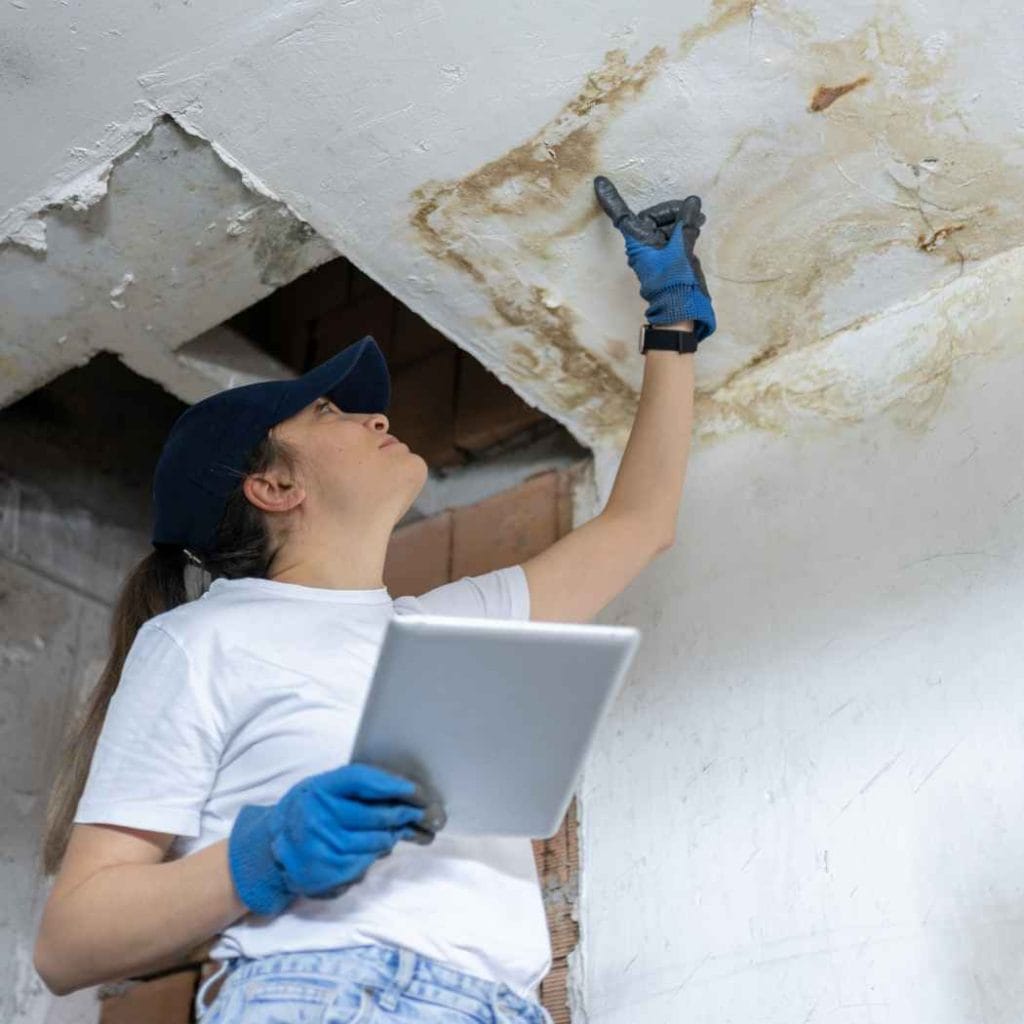Female inspector wearing gloves and a cap examining a water-stained ceiling with visible brown patches and structural damage caused by severe water intrusion.