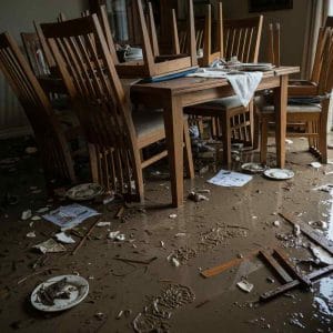 Dining room severely affected by flood damage, with overturned chairs, broken plates, muddy footprints, and water-soaked debris scattered across the floor.