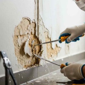 Close-up of hands in gloves removing damaged plaster from a wall as water leaks from behind, revealing severe water damage and crumbling interior structure.