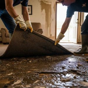 Two workers in gloves and boots lifting a soaked carpet in a flood-damaged living room, revealing muddy debris and water-soaked flooring underneath.