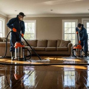 Two flood restoration workers using wet vacuums to remove standing water from a flooded hardwood floor in a residential living room with a beige sofa and natural light.