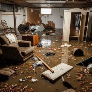 Flooded basement filled with murky water, broken furniture, floating debris, and scattered household items, with severe water damage to walls, floors, and ceiling.
