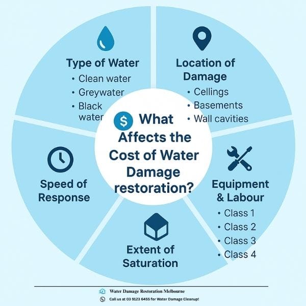 Infographic illustrating five key factors that affect the cost of water damage restoration in Melbourne: type of water, location of damage, extent of saturation, equipment and labour, and speed of response.