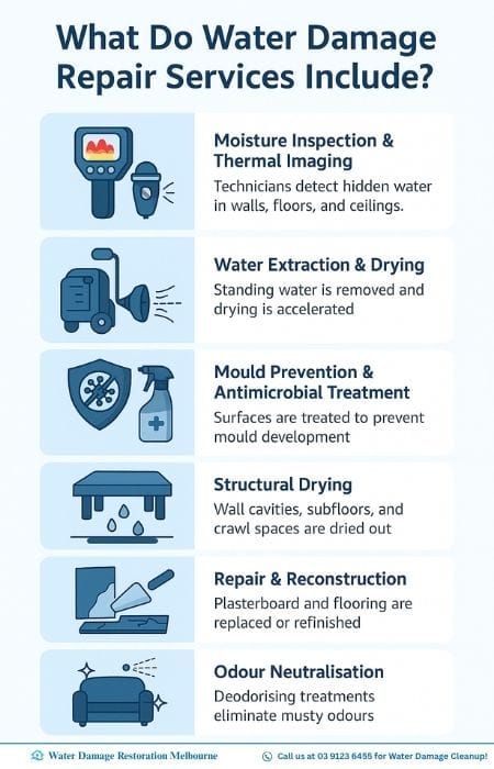 Infographic titled 'What Do Water Damage Repair Services Include?' illustrating six key steps: moisture inspection, water extraction and drying, mould prevention, structural drying, repair and reconstruction, and odour neutralisation.