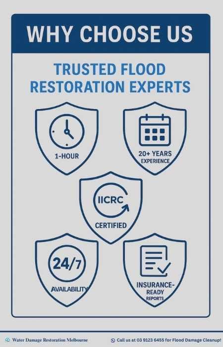 Infographic titled 'Why Choose Us: Trusted Flood Restoration Experts' displaying five shield-style icons with text: 1-Hour Response Time, 20+ Years Experience, IICRC Certified, 24/7 Availability, and Insurance-Ready Reports.
