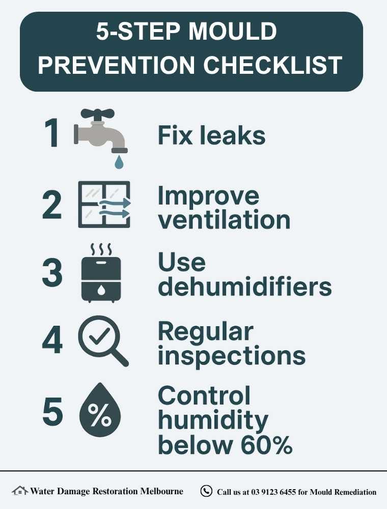 Infographic titled ‘5-Step Mould Prevention Checklist’ showing five numbered steps with icons: 1) Fix leaks, 2) Improve ventilation, 3) Use dehumidifiers, 4) Regular inspections, 5) Control humidity below 60%.