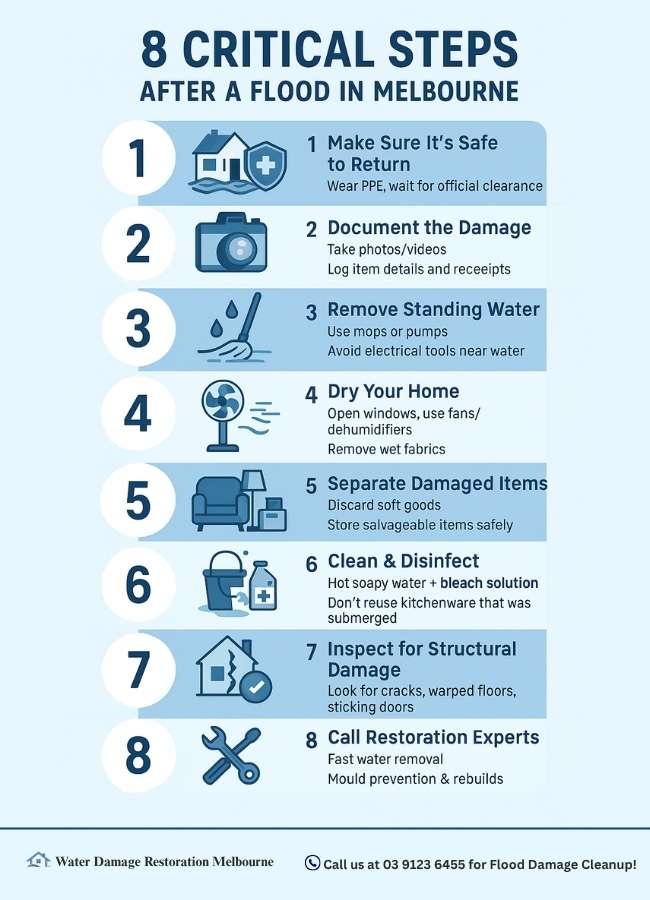 Infographic summarizing the 8 critical steps to take after a house flood in Melbourne, including safety checks, documenting damage, removing water, drying the home, separating damaged items, disinfecting surfaces, inspecting for structural damage, and calling restoration experts.