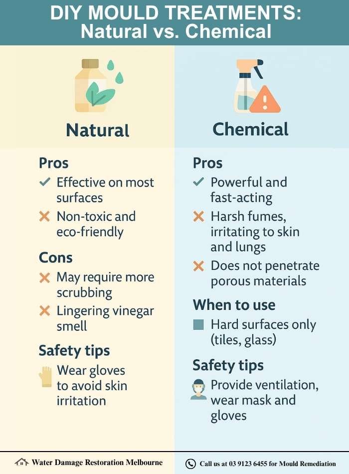 Infographic comparing DIY mould treatments: natural methods like vinegar and baking soda, highlighting eco-friendliness and more scrubbing, versus chemical treatments like bleach and antifungal sprays, showing fast action but harsh fumes and surface limitations, with safety tips for both.