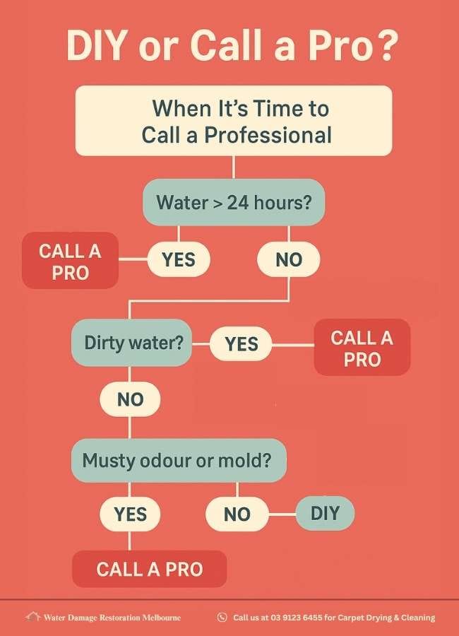 Infographic decision tree titled "DIY or Call a Pro?" guiding users through questions like water over 24 hours, dirty water, and musty odour or mold, to decide between DIY drying or hiring a professional.