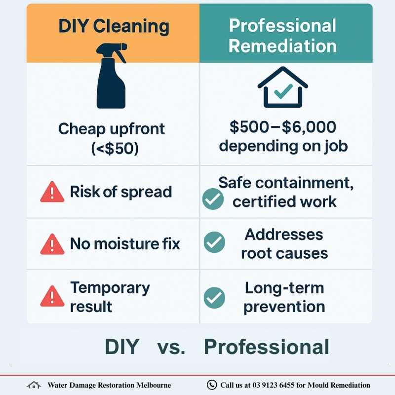 Infographic comparing DIY cleaning and professional mould remediation side by side; DIY column shows cheap upfront cost (<$50), risk of spread, no moisture fix, and temporary results with red warning icons, while professional remediation shows $500–$6,000 cost, safe certified work, addresses root causes, and long-term prevention with green checkmarks, all in a split-panel layout.