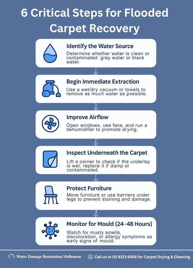 Infographic titled “6 Critical Steps for Flooded Carpet Recovery” showing six steps for drying a flooded carpet—identify water source, begin immediate extraction, improve airflow, inspect underneath carpet, protect furniture, and monitor for mould within 24–48 hours.