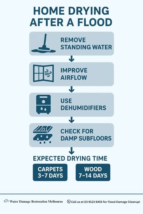 Flowchart titled 'Home Drying After a Flood' showing steps to dry a home: remove standing water, improve airflow, use dehumidifiers, and check for damp subfloors, with expected drying times for carpets (3–7 days) and wood (7–14 days).