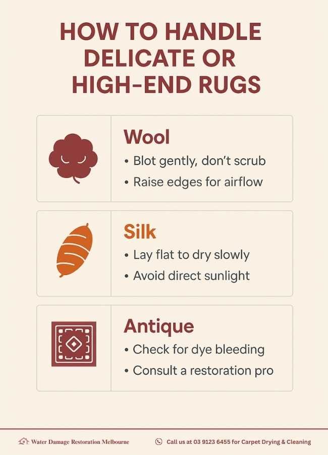 Infographic showing how to handle delicate or high-end rugs, with tips for wool rugs (blot gently, raise edges), silk rugs (lay flat, avoid sunlight), and antique rugs (check for dye bleeding, consult a restoration pro)