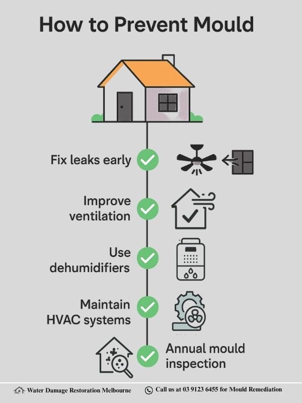 Infographic titled “How to Prevent Mould” showing a flowchart with a house illustration at the top, followed by five green check-marked steps: fix leaks early, improve ventilation (fans, windows), use dehumidifiers, maintain HVAC systems, and annual mould inspection, all aligned vertically with simple icons on a light grey background.