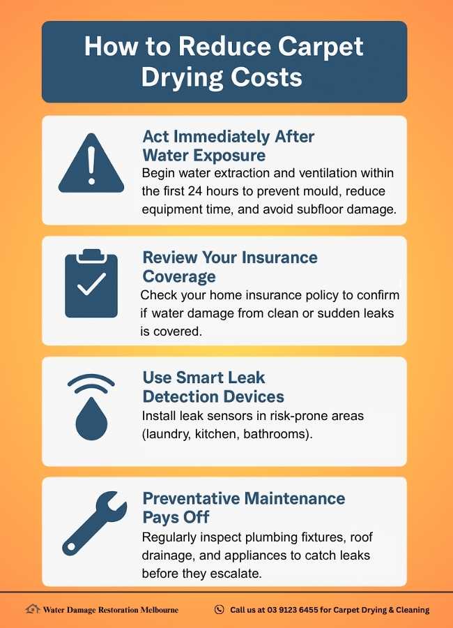 Infographic titled "How to Reduce Carpet Drying Costs" showing four tips with icons: act immediately after water exposure, review your insurance coverage, use smart leak detection devices, and perform preventative maintenance to avoid expensive repairs and restoration costs.