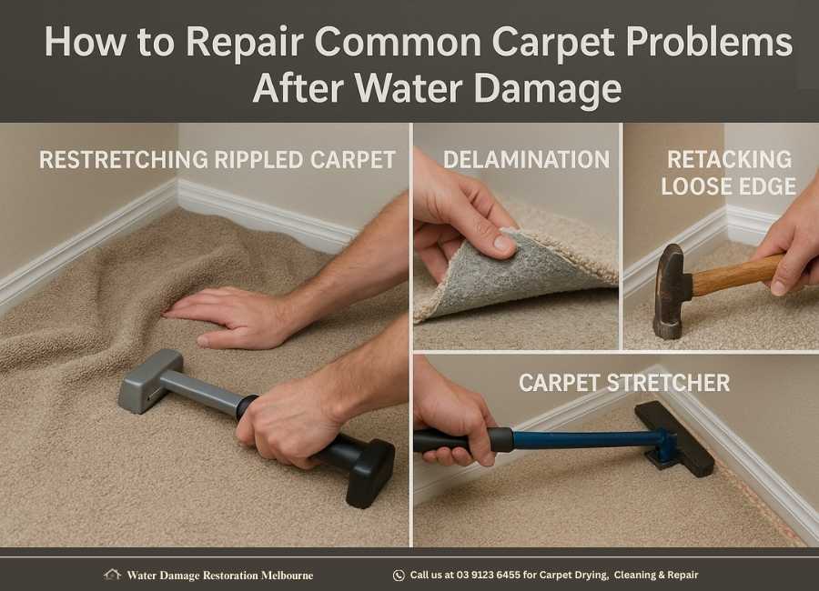 Photo collage showing how to repair common carpet problems after water damage, including restretching rippled carpet with a knee kicker, checking for delamination by lifting the carpet, retacking loose edges with a hammer, and using a carpet stretcher tool.