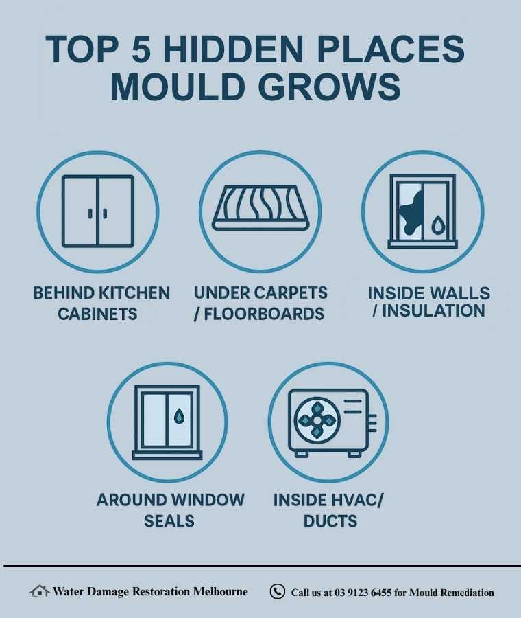 Infographic titled ‘Top 5 Hidden Places Mould Grows’ showing icons and labels for behind kitchen cabinets, under carpets or floorboards, around window seals, inside walls or insulation, and inside HVAC or ducts.