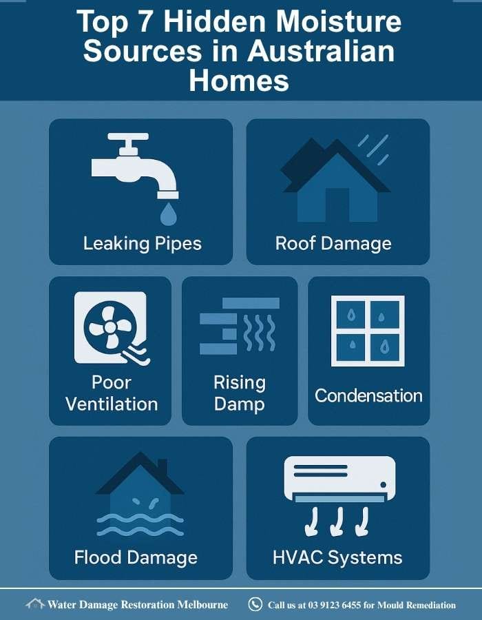 Infographic titled 'Top 7 Hidden Moisture Sources in Australian Homes' showing icons for leaking pipes, roof damage, poor ventilation, rising damp, condensation, flood damage, and HVAC systems, highlighting common moisture problems that can lead to mould.