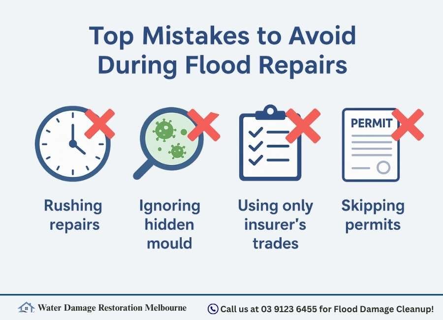 Infographic titled 'Top Mistakes to Avoid During Flood Repairs' with icons and red Xs illustrating errors like rushing repairs, ignoring hidden mould, relying only on insurer’s trades, and skipping permits.
