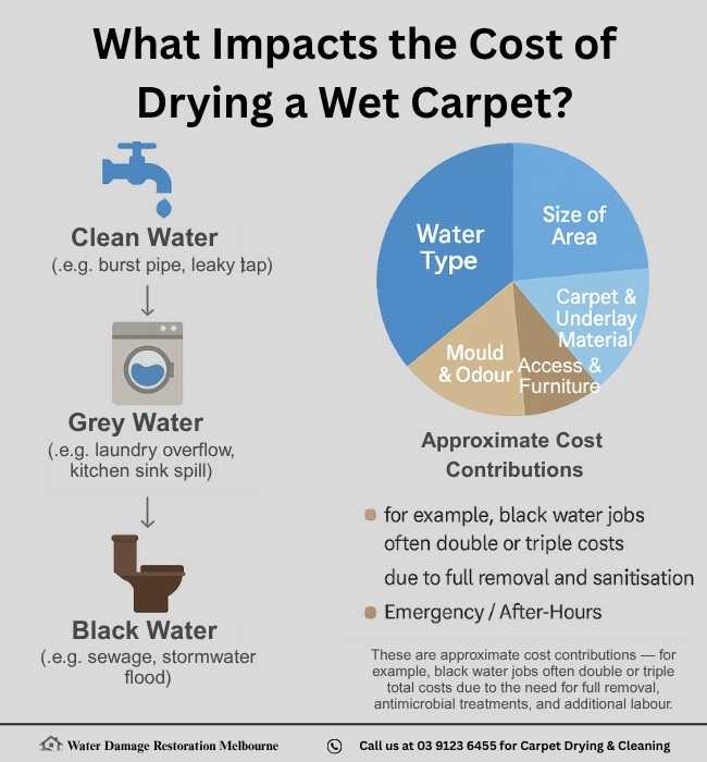 Infographic titled "What Impacts the Cost of Drying a Wet Carpet?" showing a flowchart of clean water, grey water, and black water contamination levels with example sources, and a pie chart breaking down approximate cost contributions by water type, area size, carpet and underlay materials, mould and odour treatment, access and furniture, and emergency or after-hours services.